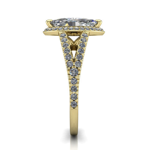 Felicity marquise-cut halo engagement ring in 18K Yellow Gold, side profile showing the pavé halo and pavé split shank