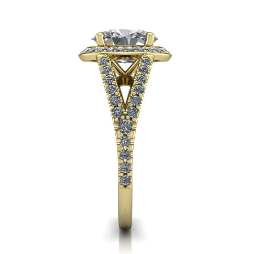 Felicity oval halo engagement ring in 14K Yellow Gold, side profile showing the pavé halo and pavé split shank