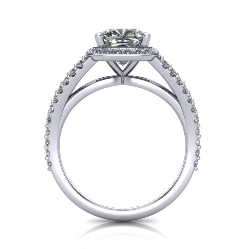 Felicity cushion-cut halo engagement ring in 18K White Gold, through-finger front profile showing the diamond under-gallery and split shank