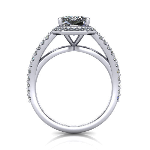 Felicity emerald-cut halo engagement ring in Platinum, through-finger front profile showing the diamond under-gallery and split shank