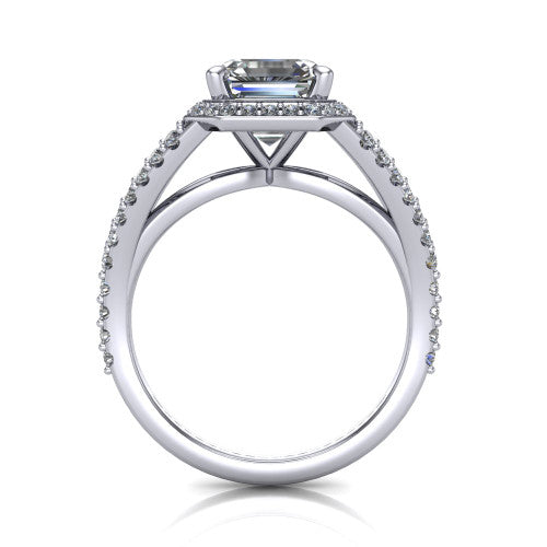 Felicity square emerald-cut halo engagement ring in 18K White Gold, through-finger front profile showing the diamond under-gallery and split shank