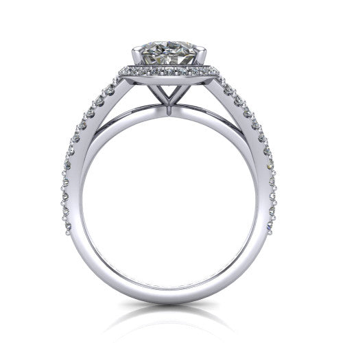 Felicity oval halo engagement ring in 18K White Gold, through-finger front profile showing the diamond under-gallery and split shank