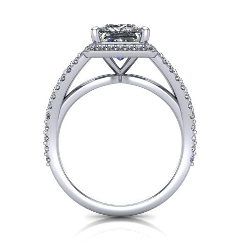 Felicity princess-cut halo engagement ring in Platinum, through-finger front profile showing the diamond under-gallery and split shank