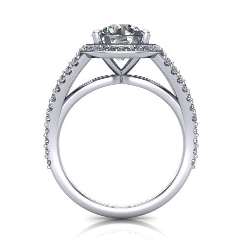 Felicity round halo engagement ring in Platinum, through-finger front profile showing the diamond under-gallery and split shank