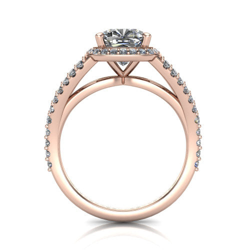 Felicity cushion-cut halo engagement ring in 14K Rose Gold, through-finger front profile showing the diamond under-gallery and split shank