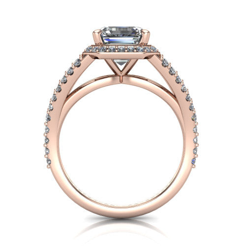 Felicity square emerald-cut halo engagement ring in 18K Rose Gold, through-finger front profile showing the diamond under-gallery and split shank
