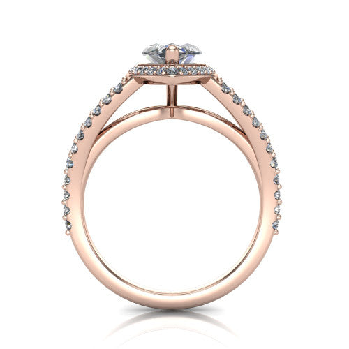 Felicity marquise-cut halo engagement ring in 14K Rose Gold, through-finger front profile showing the diamond under-gallery and split shank
