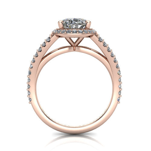 Felicity oval halo engagement ring in 18K Rose Gold, through-finger front profile showing the diamond under-gallery and split shank