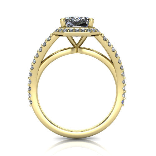 Felicity emerald-cut halo engagement ring in 14K Yellow Gold, through-finger front profile showing the diamond under-gallery and split shank
