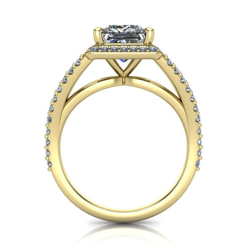 Felicity princess-cut halo engagement ring in 14K Yellow Gold, through-finger front profile showing the diamond under-gallery and split shank