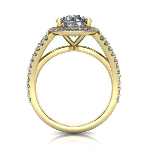 Felicity round halo engagement ring in 14K Yellow Gold, through-finger front profile showing the diamond under-gallery and split shank