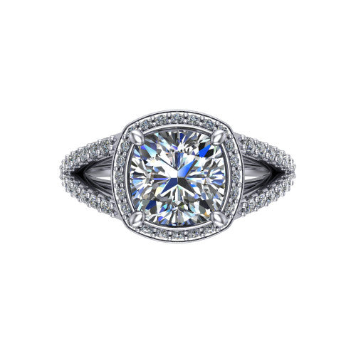 Felicity cushion-cut halo engagement ring in 18K White Gold, top-down view showing the cushion-cut center diamond framed by the pavé halo and split shoulders