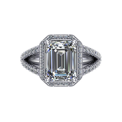 Felicity emerald-cut halo engagement ring in 14K White Gold, top-down view showing the emerald-cut center diamond framed by the pavé halo and split shoulders