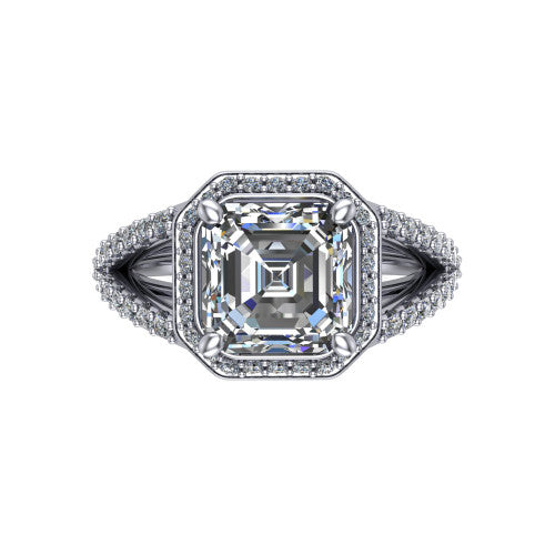 Felicity square emerald-cut halo engagement ring in 18K White Gold, top-down view showing the square emerald-cut center diamond framed by the pavé halo and split shoulders