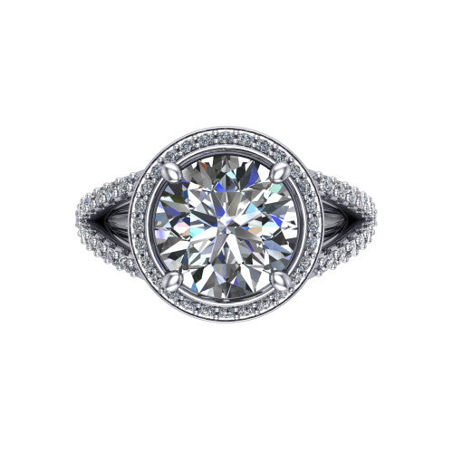 Felicity round halo engagement ring in Platinum, top-down view showing the round center diamond framed by the pavé halo and split shoulders