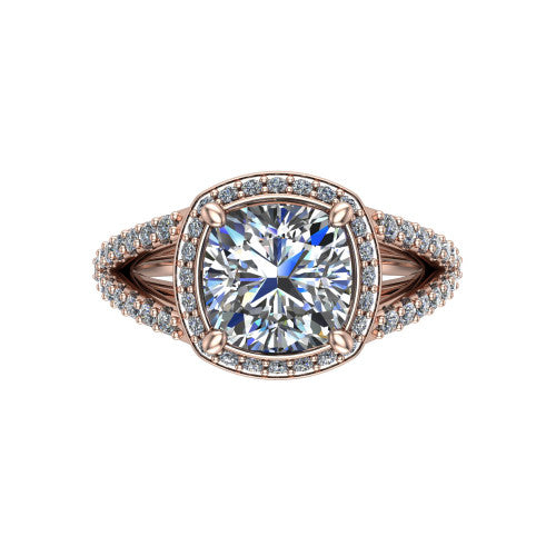 Felicity cushion-cut halo engagement ring in 14K Rose Gold, top-down view showing the cushion-cut center diamond framed by the pavé halo and split shoulders