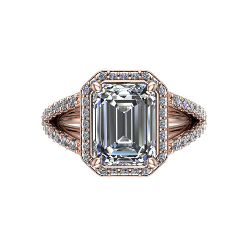Felicity emerald-cut halo engagement ring in 18K Rose Gold, top-down view showing the emerald-cut center diamond framed by the pavé halo and split shoulders