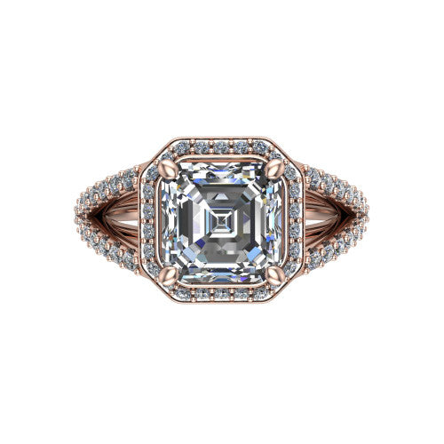 Felicity square emerald-cut halo engagement ring in 18K Rose Gold, top-down view showing the square emerald-cut center diamond framed by the pavé halo and split shoulders