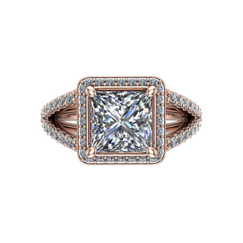 Felicity princess-cut halo engagement ring in 14K Rose Gold, top-down view showing the princess-cut center diamond framed by the pavé halo and split shoulders