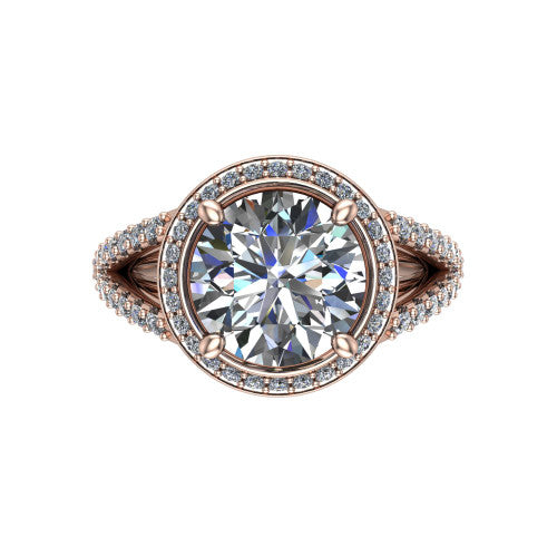 Felicity round halo engagement ring in 18K Rose Gold, top-down view showing the round center diamond framed by the pavé halo and split shoulders