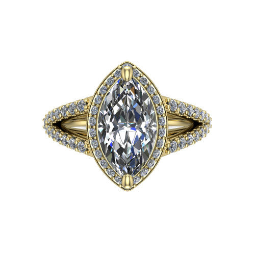 Felicity marquise-cut halo engagement ring in 14K Yellow Gold, top-down view showing the marquise-cut center diamond framed by the pavé halo and split shoulders