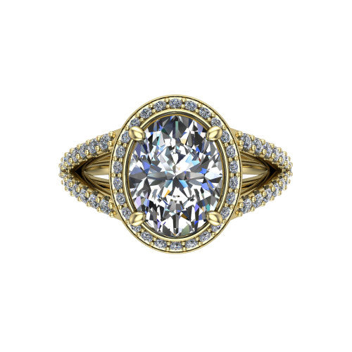 Felicity oval halo engagement ring in 14K Yellow Gold, top-down view showing the oval center diamond framed by the pavé halo and split shoulders