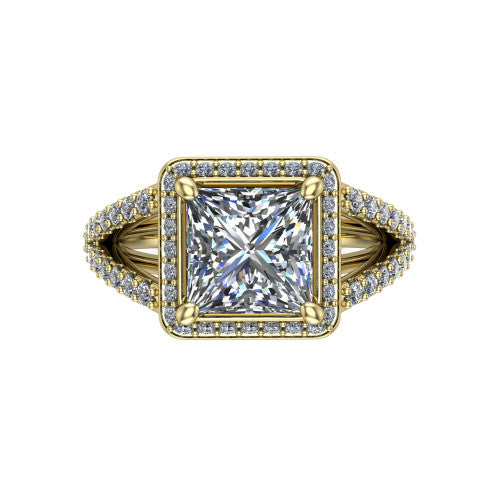 Felicity princess-cut halo engagement ring in 18K Yellow Gold, top-down view showing the princess-cut center diamond framed by the pavé halo and split shoulders