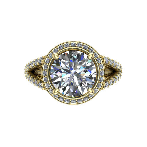 Felicity round halo engagement ring in 18K Yellow Gold, top-down view showing the round center diamond framed by the pavé halo and split shoulders