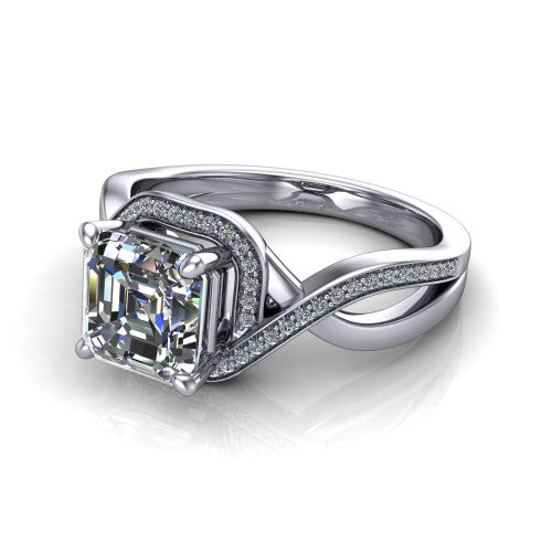 Alma Square Emerald Shape Halo Engagement Ring in 18K White Gold