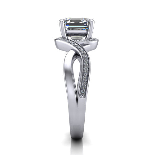 Alma Square Emerald Shape Halo Engagement Ring in 14K White Gold