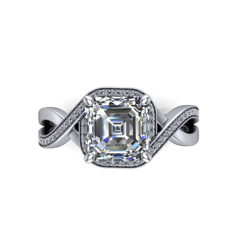 Alma Square Emerald Shape Halo Engagement Ring in 14K White Gold