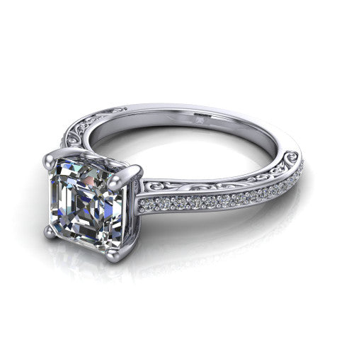 Nicole square emerald solitaire engagement ring in 14K White Gold, three-quarter perspective showing the square emerald center diamond above a pave band with scrollwork engraving
