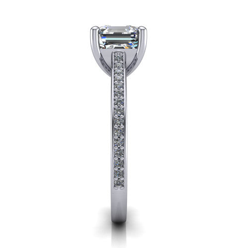 Nicole square emerald solitaire engagement ring in 14K White Gold, side profile showing the vintage scrollwork engraving on the band