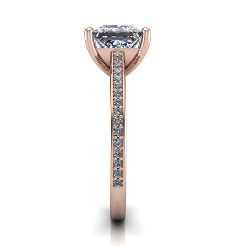 Nicole princess solitaire engagement ring in 14K Rose Gold, side profile showing the vintage scrollwork engraving on the band