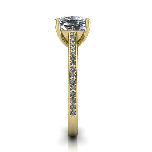Nicole cushion solitaire engagement ring in 14K Yellow Gold, side profile showing the vintage scrollwork engraving on the band