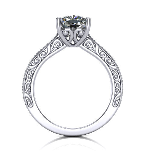 Nicole cushion solitaire engagement ring in 18K White Gold, through-finger front profile showing the filigree scrollwork gallery