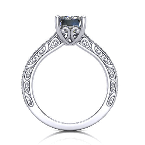 Nicole emerald solitaire engagement ring in 18K White Gold, through-finger front profile showing the filigree scrollwork gallery