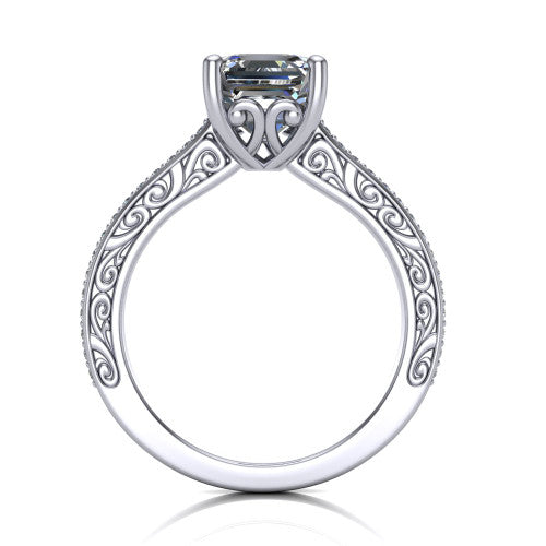 Nicole square emerald solitaire engagement ring in 14K White Gold, through-finger front profile showing the filigree scrollwork gallery