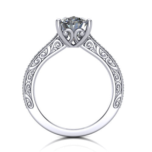 Nicole oval solitaire engagement ring in 18K White Gold, through-finger front profile showing the filigree scrollwork gallery