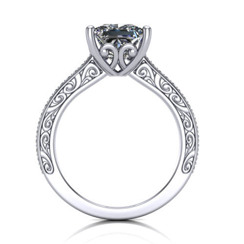 Nicole princess solitaire engagement ring in Platinum, through-finger front profile showing the filigree scrollwork gallery