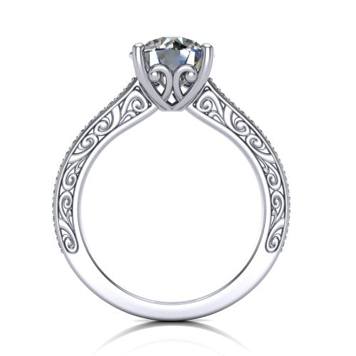 Nicole round solitaire engagement ring in Platinum, through-finger front profile showing the filigree scrollwork gallery