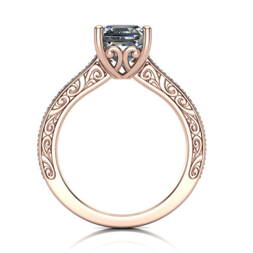 Nicole square emerald solitaire engagement ring in 14K Rose Gold, through-finger front profile showing the filigree scrollwork gallery