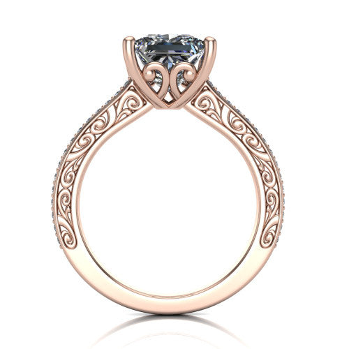 Nicole princess solitaire engagement ring in 14K Rose Gold, through-finger front profile showing the filigree scrollwork gallery