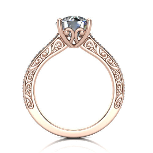 Nicole round solitaire engagement ring in 18K Rose Gold, through-finger front profile showing the filigree scrollwork gallery