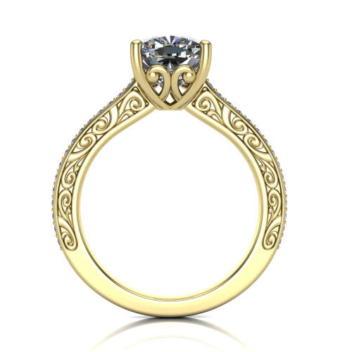Nicole cushion solitaire engagement ring in 18K Yellow Gold, through-finger front profile showing the filigree scrollwork gallery