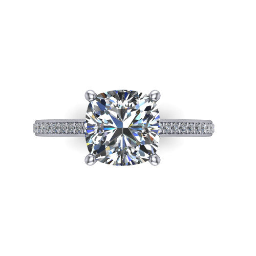 Nicole cushion solitaire engagement ring in 18K White Gold, top-down view showing the four-prong cushion center diamond and pave band