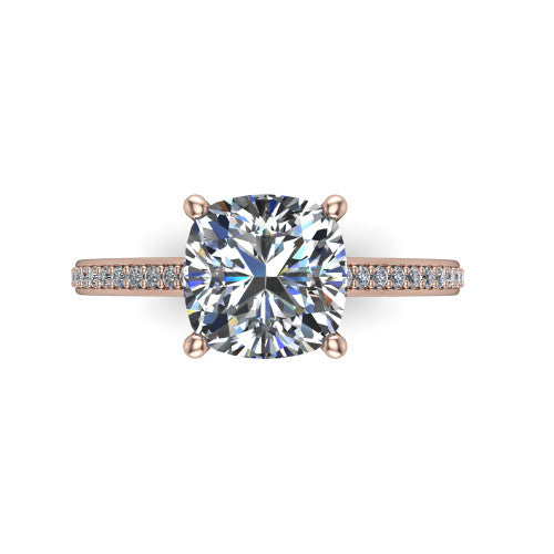 Nicole cushion solitaire engagement ring in 14K Rose Gold, top-down view showing the four-prong cushion center diamond and pave band