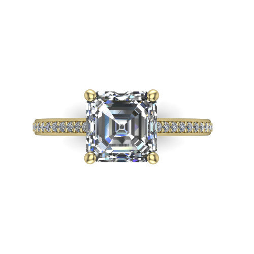 Nicole square emerald solitaire engagement ring in 14K Yellow Gold, top-down view showing the four-prong square emerald center diamond and pave band