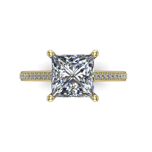 Nicole princess solitaire engagement ring in 18K Yellow Gold, top-down view showing the four-prong princess center diamond and pave band