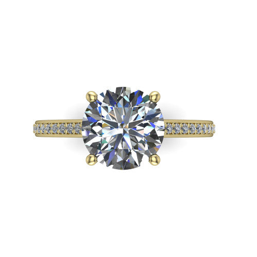 Nicole round solitaire engagement ring in 18K Yellow Gold, top-down view showing the four-prong round center diamond and pave band